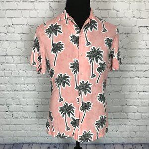 Zara Man Relaxed Fit Coral Black White Hawaiian Short-Sleeve Shirt